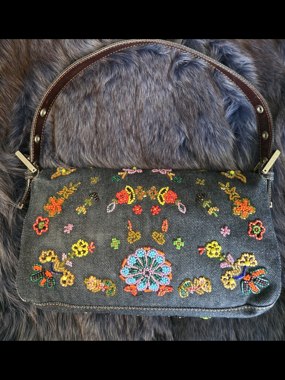 Fendi Denim Baguette Shoulder Bag with Floral Embroidery And Extra Beads - Picture 2 of 10